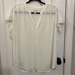 J.Crew Factory White Short Flutter Sleeve Semi-Sheer Button Up Blouse Size XXL